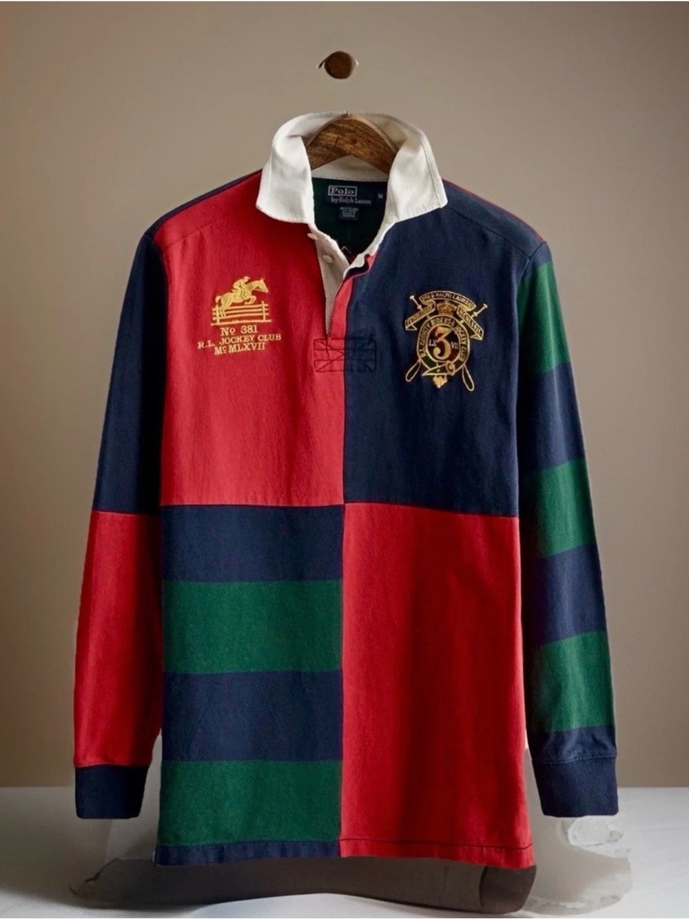 Ralph Lauren Red Navy Green Colorblock Rugby Shirt with White Collar